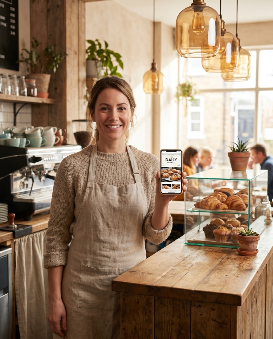 Une gérante de café montre le site web de son établissement