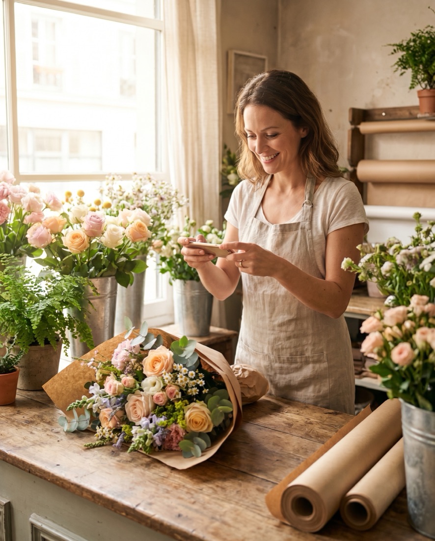 Une fleuriste photographie un bouquet pour créer un post sur les réseaux sociaux