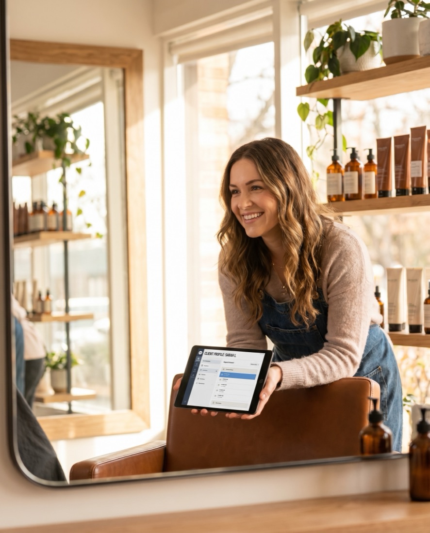 Une coiffeuse consulte la fiche client de son CRM sur une tablette